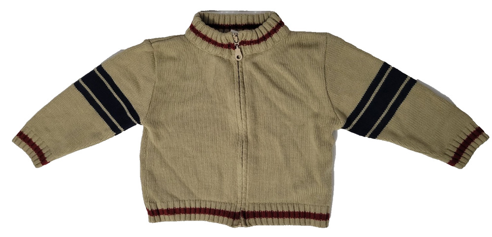 Arizona Jean Co Boys 3T Beige Full Zip Knit Sweater Red Navy Stripe Vintage